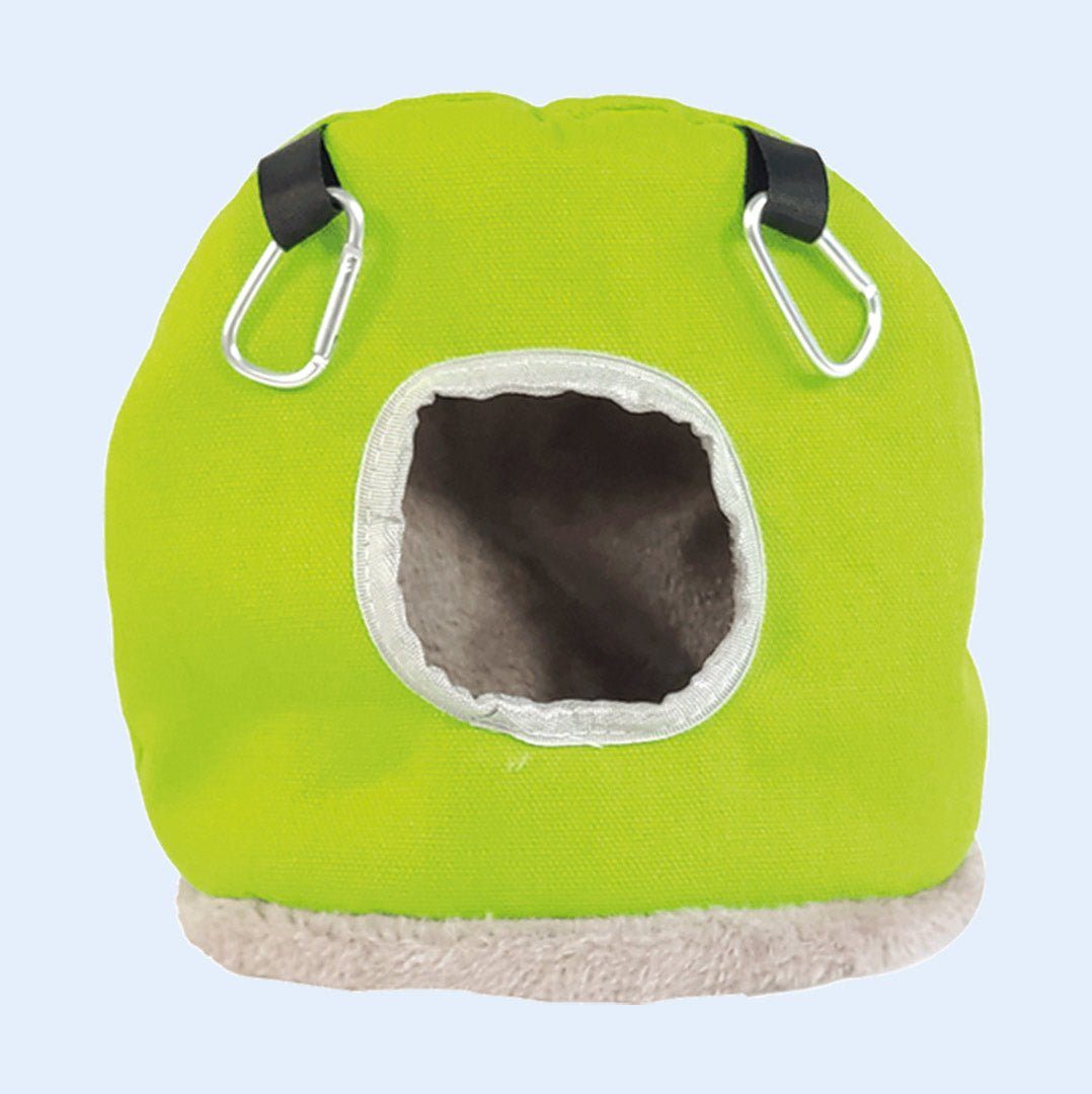 Snuggle Sack bird hideout from Squawk Shop – a soft, fleece-lined, cozy retreat for small to medium birds. Secure hanging design for comfort and safety.