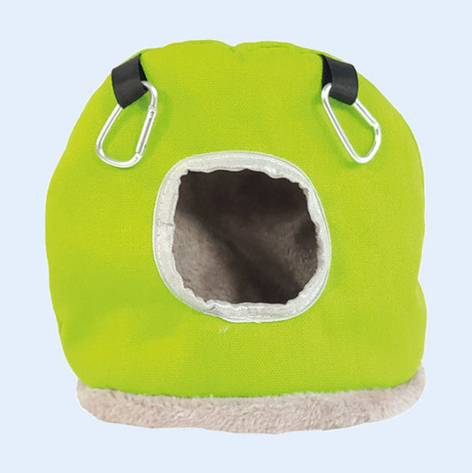 Snuggle Sack bird hideout from Squawk Shop – a soft, fleece-lined, cozy retreat for small to medium birds. Secure hanging design for comfort and safety.