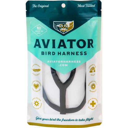 Aviator bird harness packaging with brand logo and product image on a white background