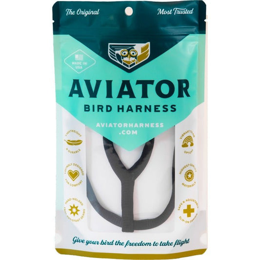 Aviator bird harness packaging with brand logo and product image on a white background