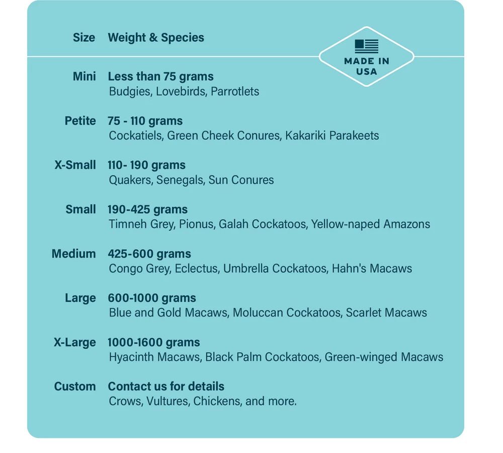 Chart detailing bird weight and species categories with a 'Made in USA' label.