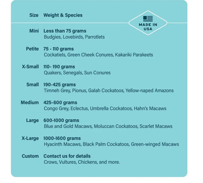 Chart detailing bird weight and species categories with a 'Made in USA' label.