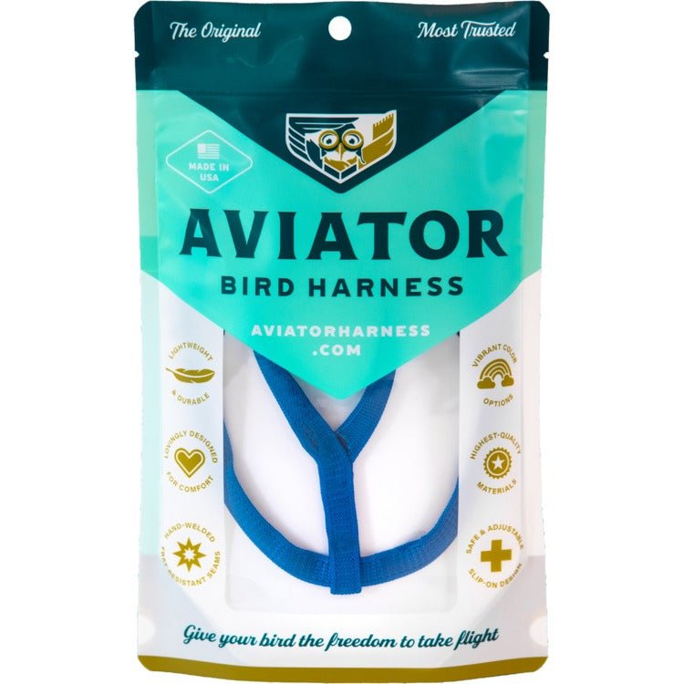 Aviator bird harness packaging with teal and white design