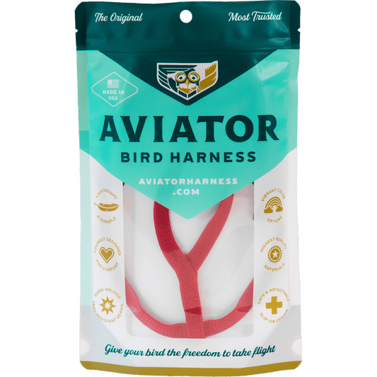 Aviator bird harness packaging with teal and white design