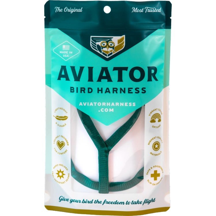 Aviator bird harness packaging with teal and white design