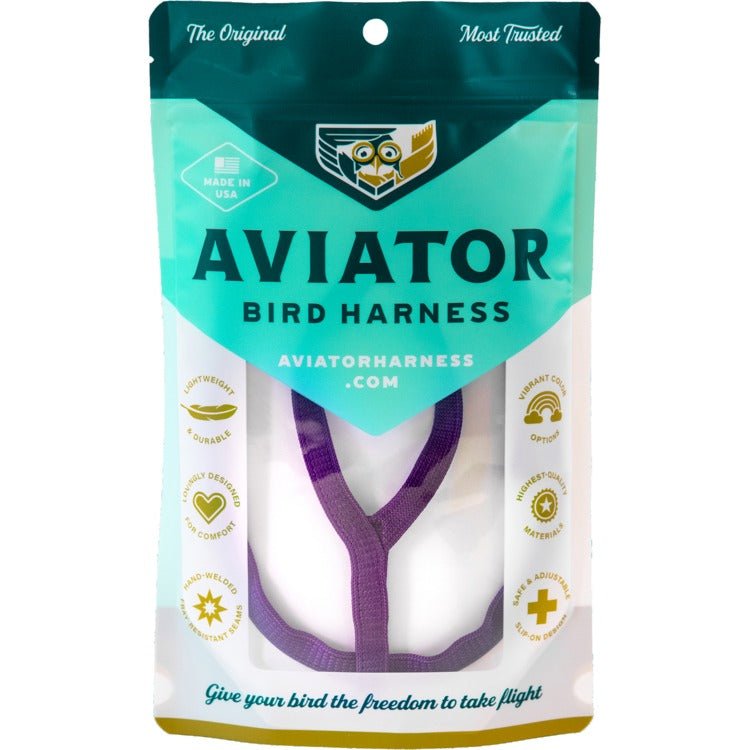 Aviator bird harness packaging with teal and white design