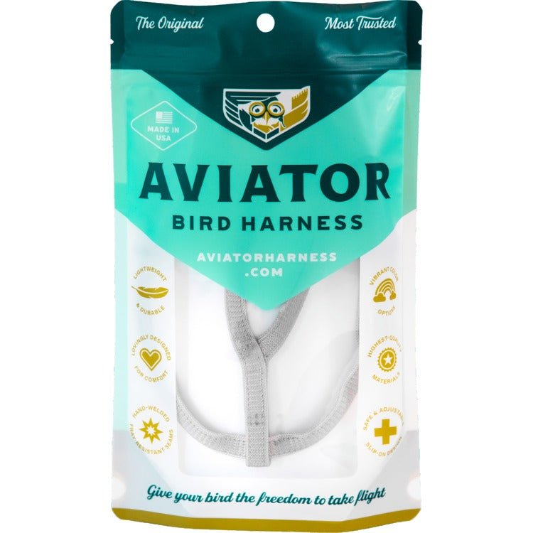 Aviator bird harness packaging with teal and white design