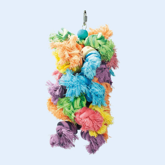 Woolly Monster Large bird toy with multicolored cotton rope, designed for preening and chewing. Available at Squawk Shop for large parrots!
